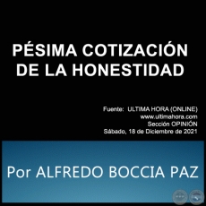 PSIMA COTIZACIN DE LA HONESTIDAD - Por ALFREDO BOCCIA PAZ - Sbado, 18 de Diciembre de 2021